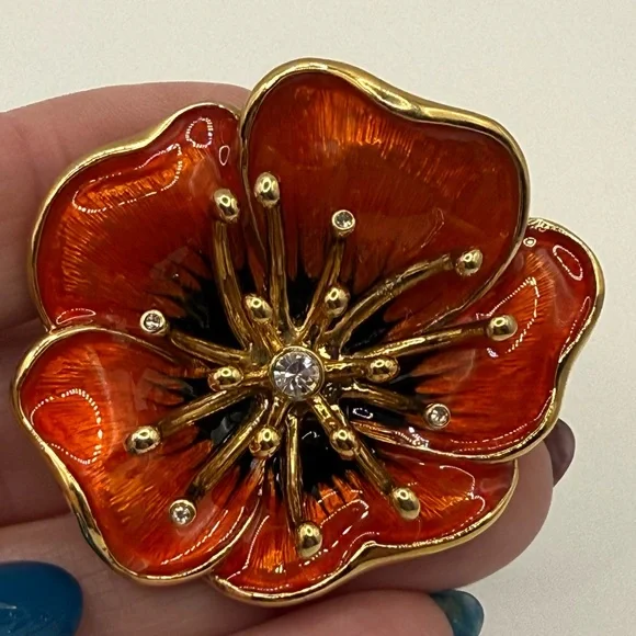 Vintage Monet Poppy Brooch β’ Red-Orange Enamel + Rhinestones β’ 2β β’ Signed - Picture 1 of 16